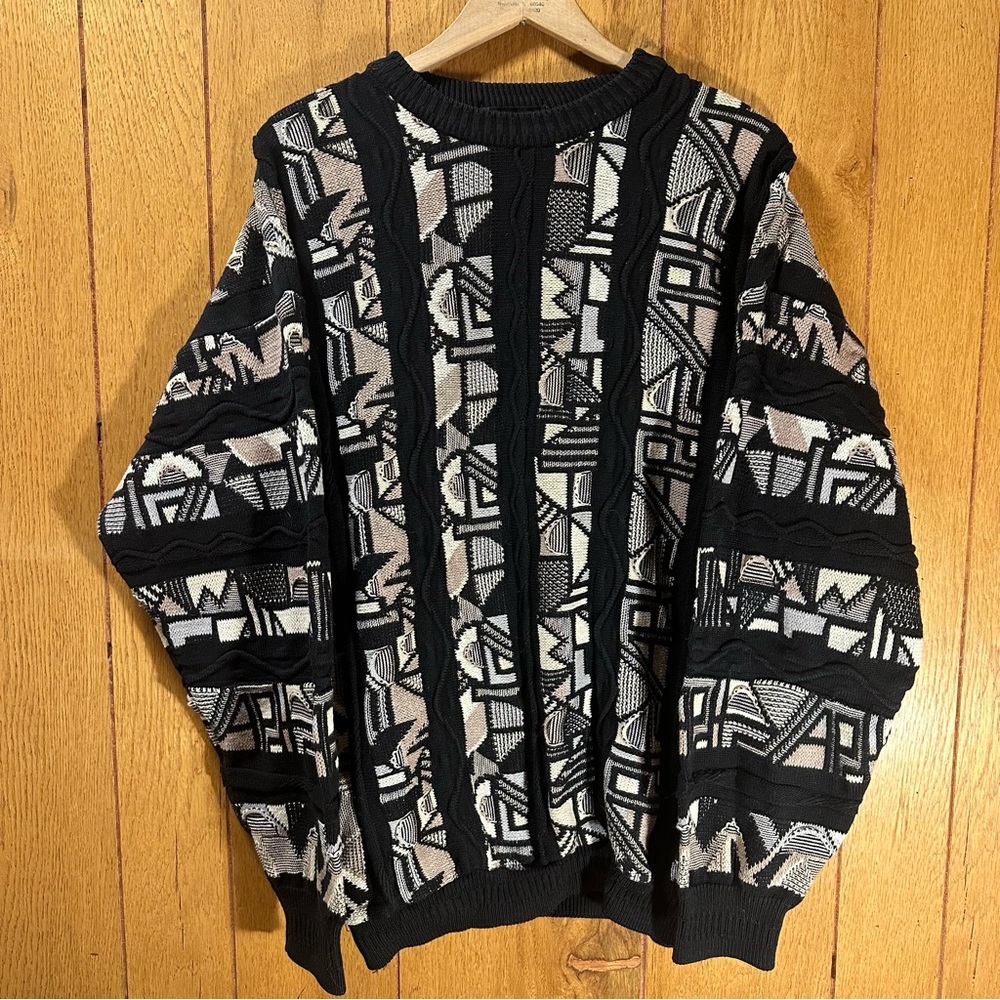 Vintage Bachrach Black White Geometric Coogi-Style Crewneck Sweater Mens Large